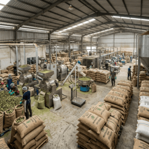 Workers processing and packaging dried tea leaves in an industrial factory with large sacks bulk kratom from Indonesia