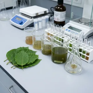 Green leaves with beakers and test tubes containing plant extracts in a lab