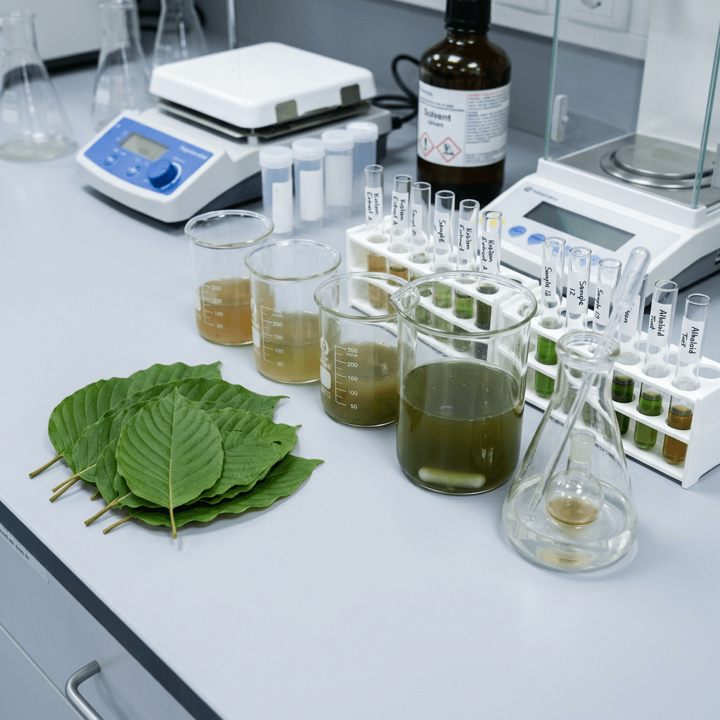 Green leaves with beakers and test tubes containing plant extracts in a lab