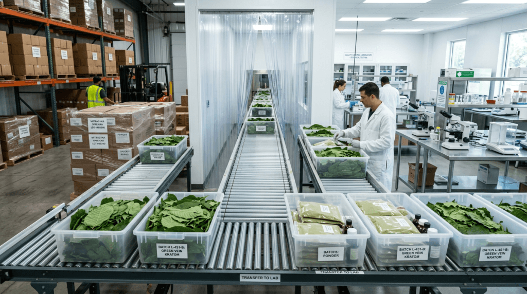 US Kratom Regulatory Compliance 7-OH Workers process labeled leafy botanical samples on a conveyor beside a laboratory.