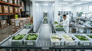 US Kratom Regulatory Compliance 7-OH Workers process labeled leafy botanical samples on a conveyor beside a laboratory.
