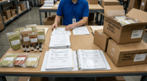 Worker organizing herbal samples, analysis certificates, and labeled shipping cartons Massachusetts Kratom Schedule I Ban
