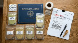 US Kratom Regulatory Compliance Kratom packages labeled Green Maeng Da, White Malay, Red Bali, Gold Borneo, Super Elephant, and Red Sumatra beside a Certificate of Analysis and invoice.