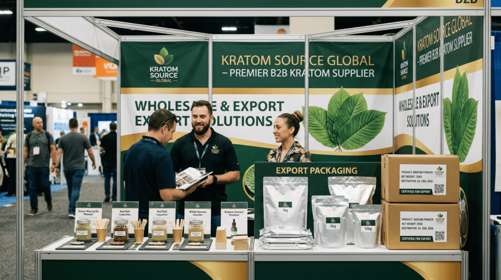 CHAMPS Trade Show Kratom Suppliers Global booth displaying kratom products and export packaging