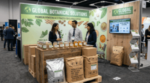 Global Botanical Solutions booth displaying botanical powders, extracts, and shipping materials