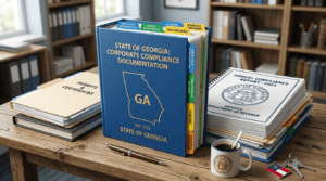 Georgia corporate compliance binder with registration, licensing, and tax documents